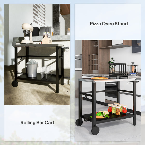 Outdoor Grill Dining Cart with Stainless Steel Tabletop, 2-Shelf BBQ Movable Pizza Oven Stand with Shelf, Hooks, Wheels, Charcoal Grey