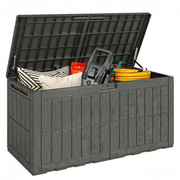 440L Garden Storage Box, Waterproof Resin Deck Box with Lockable Lid, Pneumatic Gas Rods, Side Handles, UV Resistant Wood Texture Outdoor Patio Storage Container for Garden Tools
