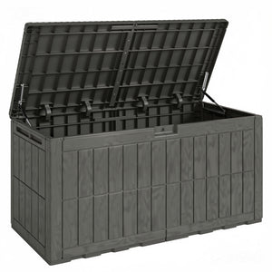 440L Garden Storage Box, Waterproof Resin Deck Box with Lockable Lid, Pneumatic Gas Rods, Side Handles, UV Resistant Wood Texture Outdoor Patio Storage Container for Garden Tools