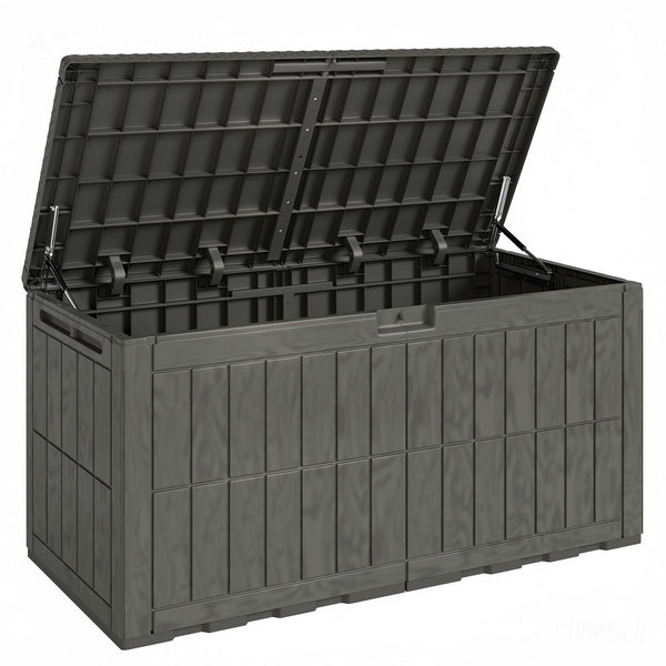 440L Garden Storage Box, Waterproof Resin Deck Box with Lockable Lid, Pneumatic Gas Rods, Side Handles, UV Resistant Wood Texture Outdoor Patio Storage Container for Garden Tools