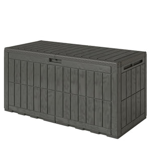 440L Garden Storage Box, Waterproof Resin Deck Box with Lockable Lid, Pneumatic Gas Rods, Side Handles, UV Resistant Wood Texture Outdoor Patio Storage Container for Garden Tools