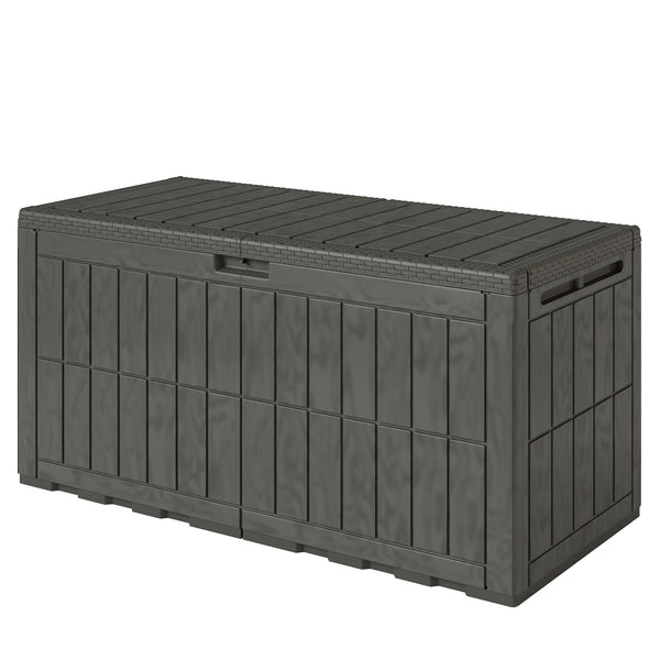 440L Garden Storage Box, Waterproof Resin Deck Box with Lockable Lid, Pneumatic Gas Rods, Side Handles, UV Resistant Wood Texture Outdoor Patio Storage Container for Garden Tools