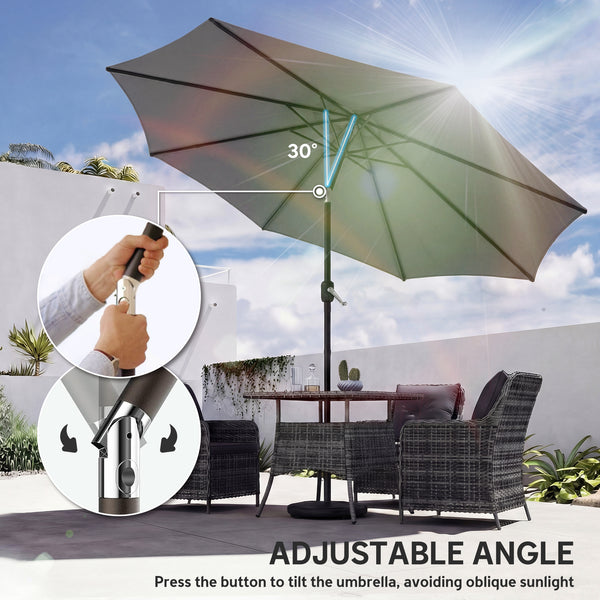 2.7 m Garden Parasol Umbrella with Cross Base and Sandbag, Retractable Ribs, Outdoor Table Market Patio Umbrella Sun Shade with 30 Degree Tilt and Crank, Vent, Light Grey