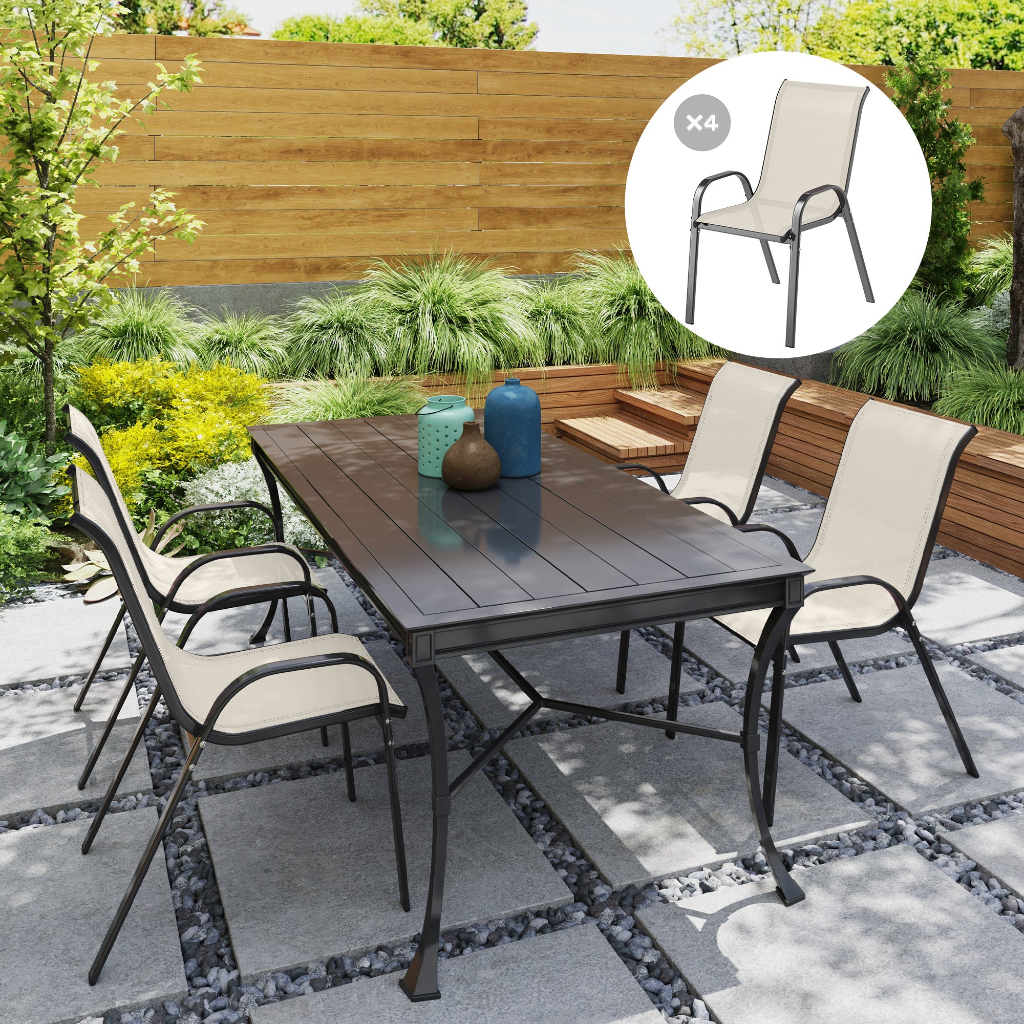 hampton bay patio umbrella warranty Outsunny Set of 4 Outdoor Dining Chairs, Stackable Patio Chairs with High Back, Breathable Mesh Seat for Garden Lawn, Beige