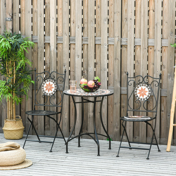 3 Pieces Garden Furniture Set, Bistro Set with 1 Ceramic Tile Round Table and 2 Foldable Chairs for Outdoor, Indoor, Patio, Balcony, Black