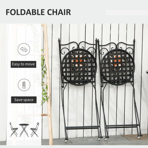 3 Pieces Garden Furniture Set, Bistro Set with 1 Ceramic Tile Round Table and 2 Foldable Chairs for Outdoor, Indoor, Patio, Balcony, Black