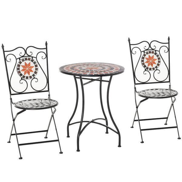 3 Pieces Garden Furniture Set, Bistro Set with 1 Ceramic Tile Round Table and 2 Foldable Chairs for Outdoor, Indoor, Patio, Balcony, Black