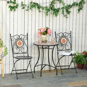 3 Pieces Garden Furniture Set, Bistro Set with 1 Ceramic Tile Round Table and 2 Foldable Chairs for Outdoor, Indoor, Patio, Balcony, Black