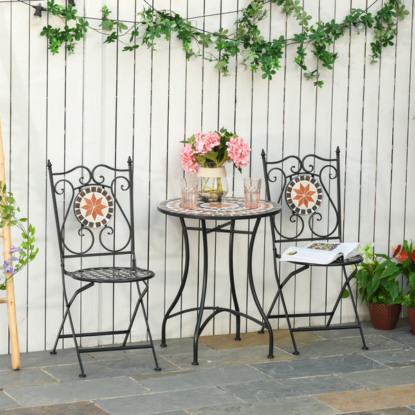 3 Pieces Garden Furniture Set, Bistro Set with 1 Ceramic Tile Round Table and 2 Foldable Chairs for Outdoor, Indoor, Patio, Balcony, Black