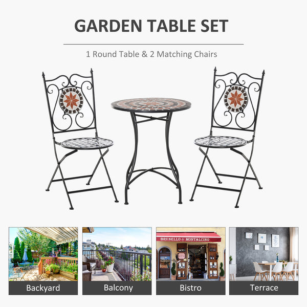 3 Pieces Garden Furniture Set, Bistro Set with 1 Ceramic Tile Round Table and 2 Foldable Chairs for Outdoor, Indoor, Patio, Balcony, Black