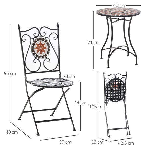 3 Pieces Garden Furniture Set, Bistro Set with 1 Ceramic Tile Round Table and 2 Foldable Chairs for Outdoor, Indoor, Patio, Balcony, Black