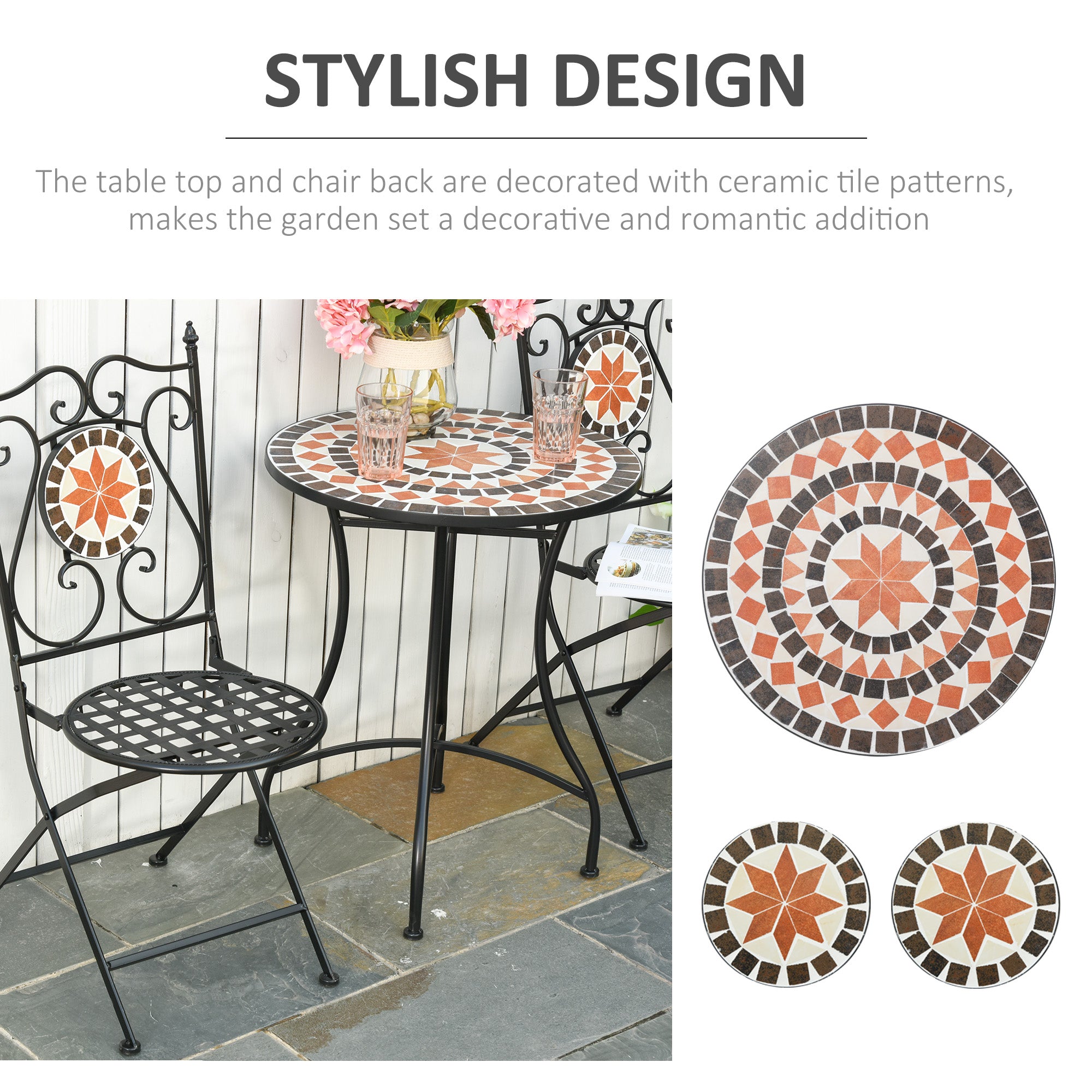 Piece Garden Bistro Set with Ceramic Tile Round Table and Foldable Chairs for Patio, Black