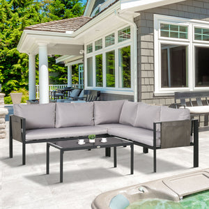 5 Seater Garden Corner Sofa Set, 4 Pieces Metal Garden Furniture Set with Loveseats, Glass Top Coffee Table, Breathable Mesh Pocket, Outdoor Conversation Furniture with Cushions, Light Grey