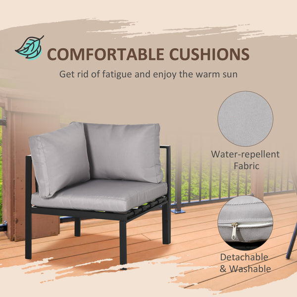 5 Seater Garden Corner Sofa Set, 4 Pieces Metal Garden Furniture Set with Loveseats, Glass Top Coffee Table, Breathable Mesh Pocket, Outdoor Conversation Furniture with Cushions, Light Grey
