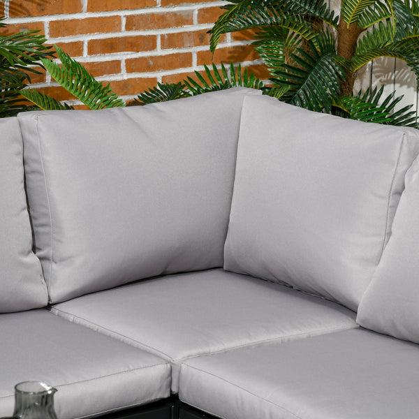 5 Seater Garden Corner Sofa Set, 4 Pieces Metal Garden Furniture Set with Loveseats, Glass Top Coffee Table, Breathable Mesh Pocket, Outdoor Conversation Furniture with Cushions, Light Grey