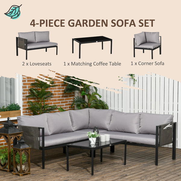 5 Seater Garden Corner Sofa Set, 4 Pieces Metal Garden Furniture Set with Loveseats, Glass Top Coffee Table, Breathable Mesh Pocket, Outdoor Conversation Furniture with Cushions, Light Grey