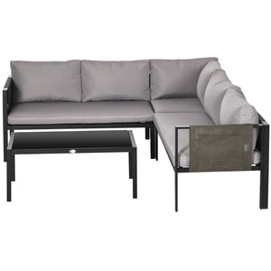5 Seater Garden Corner Sofa Set, 4 Pieces Metal Garden Furniture Set with Loveseats, Glass Top Coffee Table, Breathable Mesh Pocket, Outdoor Conversation Furniture with Cushions, Light Grey