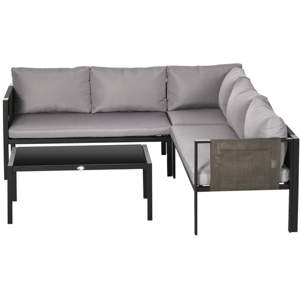5 Seater Garden Corner Sofa Set, 4 Pieces Metal Garden Furniture Set with Loveseats, Glass Top Coffee Table, Breathable Mesh Pocket, Outdoor Conversation Furniture with Cushions, Light Grey