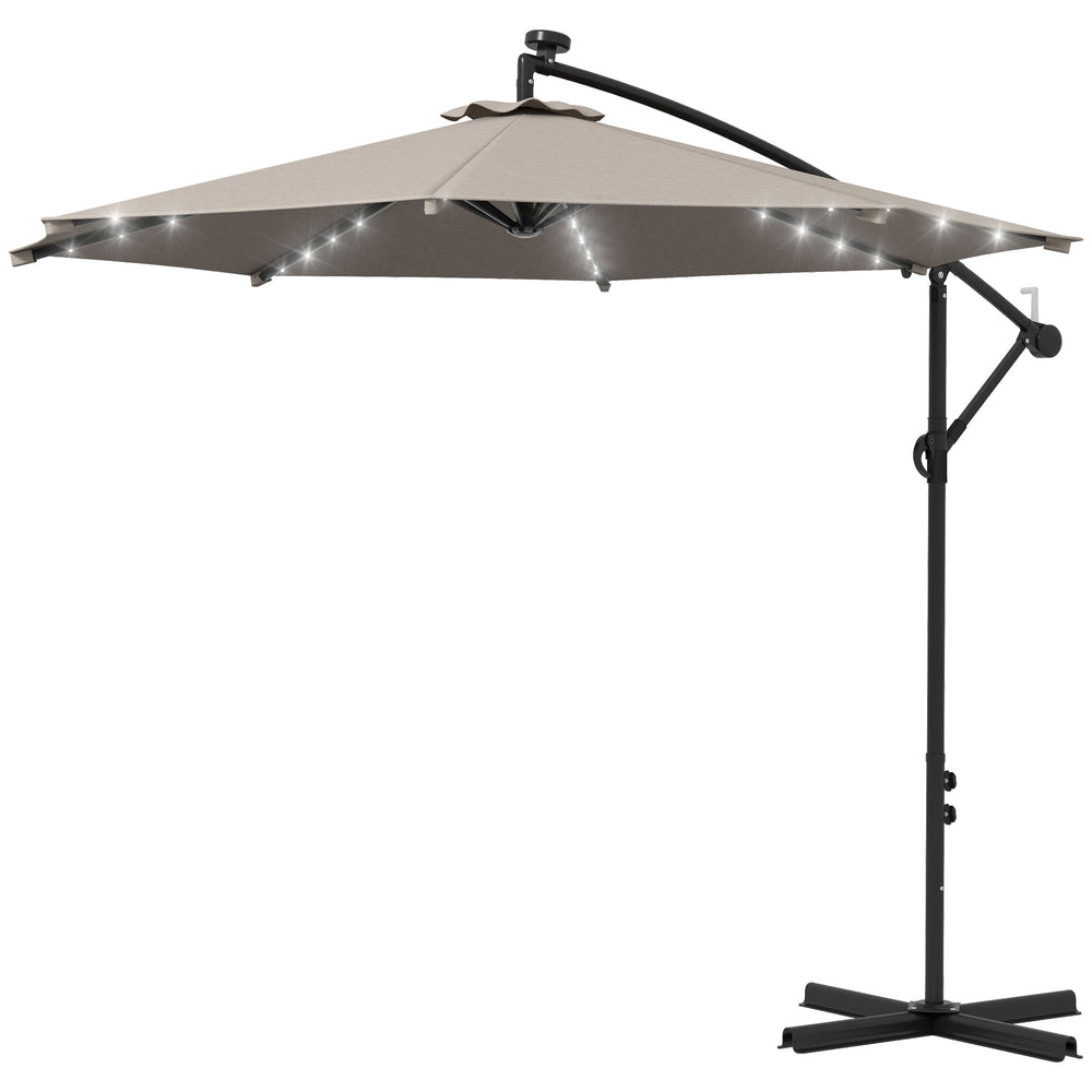 10ft Outdoor Cantilever Umbrella with Solar Lights, Banana Umbrella with Adjustable Angle for Patio, Backyard, Khaki
