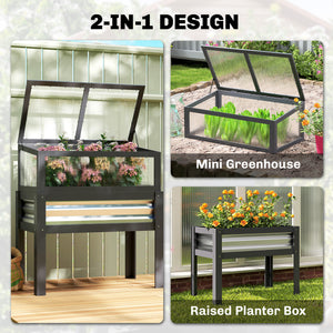 Wooden Raised Garden Bed with Flip-Up Greenhouse Top, Raised Garden Bed with Legs and Bed Liner, Elevated Planter Box for Flowers, Vegetables, Herbs, Gray