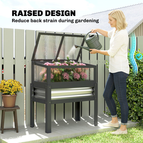 Wooden Raised Garden Bed with Flip-Up Greenhouse Top, Raised Garden Bed with Legs and Bed Liner, Elevated Planter Box for Flowers, Vegetables, Herbs, Gray