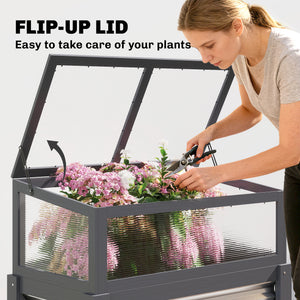 Wooden Raised Garden Bed with Flip-Up Greenhouse Top, Raised Garden Bed with Legs and Bed Liner, Elevated Planter Box for Flowers, Vegetables, Herbs, Gray