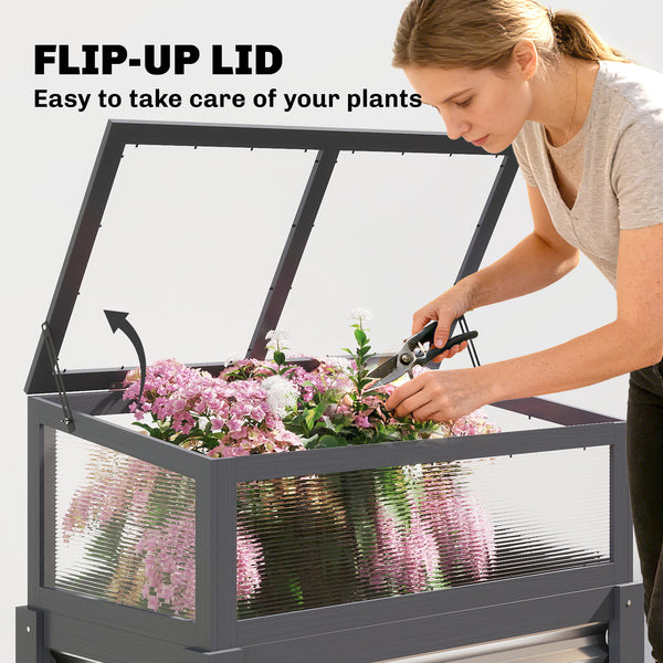 Wooden Raised Garden Bed with Flip-Up Greenhouse Top, Raised Garden Bed with Legs and Bed Liner, Elevated Planter Box for Flowers, Vegetables, Herbs, Gray