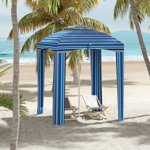 Outsunny 5.8' x 5.8' Portable Beach Umbrella with Double-Top, Ruffled Outdoor Cabana with Walls, Vents, Sandbags, Carry Bag, Blue Stripe