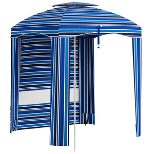 Outsunny 5.8' x 5.8' Portable Beach Umbrella with Double-Top, Ruffled Outdoor Cabana with Walls, Vents, Sandbags, Carry Bag, Blue Stripe