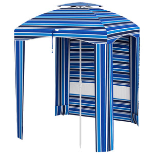 Outsunny 5.8' x 5.8' Portable Beach Umbrella with Double-Top, Ruffled Outdoor Cabana with Walls, Vents, Sandbags, Carry Bag, Blue Stripe