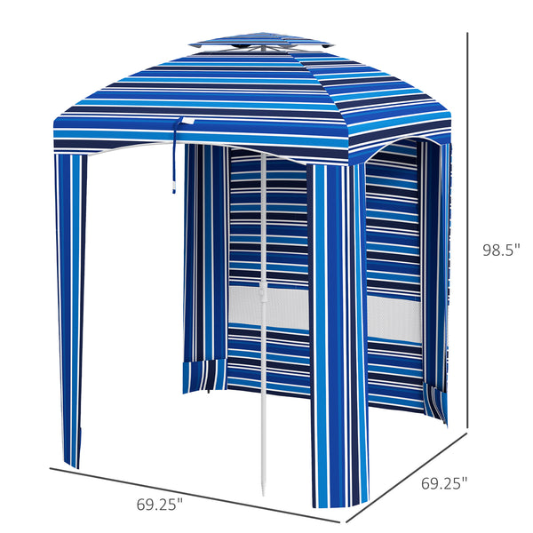 Outsunny 5.8' x 5.8' Portable Beach Umbrella with Double-Top, Ruffled Outdoor Cabana with Walls, Vents, Sandbags, Carry Bag, Blue Stripe