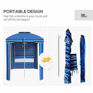 Outsunny 5.8' x 5.8' Portable Beach Umbrella with Double-Top, Ruffled Outdoor Cabana with Walls, Vents, Sandbags, Carry Bag, Blue Stripe