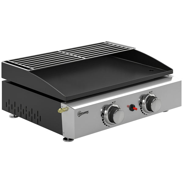 2 Burner Grill Griddle, Portable Gas Plancha with Warming Rack, 5 kW, Tabletop Gas BBQ with Grease Cup for Camping Picnic Patios, Black