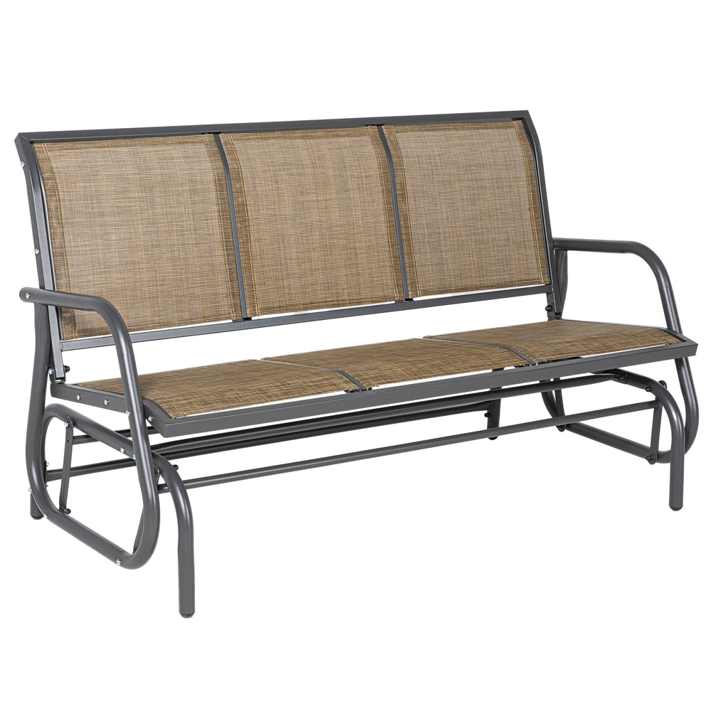 Outsunny 3-Person Patio Glider Bench, Outdoor Porch Glider Swing with 3 Seats, Breathable Mesh Fabric, Metal Frame, Light Mixed Brown