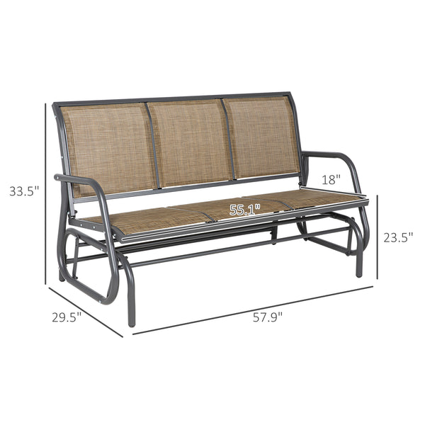 Outsunny 3-Person Patio Glider Bench, Outdoor Porch Glider Swing with 3 Seats, Breathable Mesh Fabric, Metal Frame, Light Mixed Brown