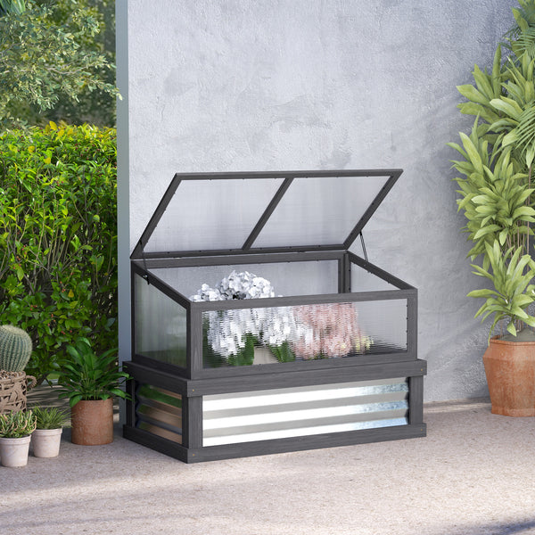 Outsunny Raised Garden Bed with Polycarbonate Greenhouse, Lean-to Garden Wooden Cold Frame Greenhouse, Flower Planter Protection, Lean to Roof, 41" x 22.5" x 28.25", Gray