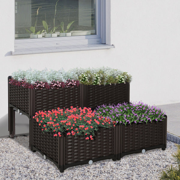 Outsunny 4 Piece Raised Garden Bed with Legs, Self-Watering Planter Box Raised Bed to Grow Flowers, Herbs & Vegetables, Brown