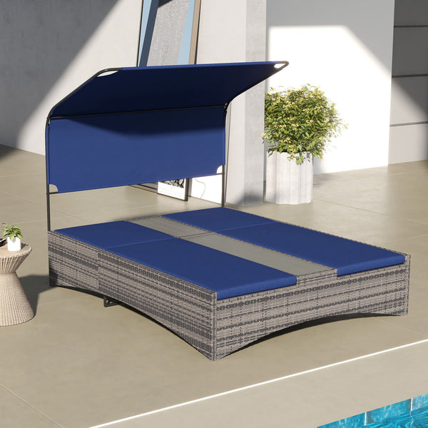 Outsunny PE Rattan Outdoor Double Chaise Lounge with Canopy, Adjustable 5-Position Reclining Daybed with Wood-Plastic Composite Top Middle Table, Dark Blue