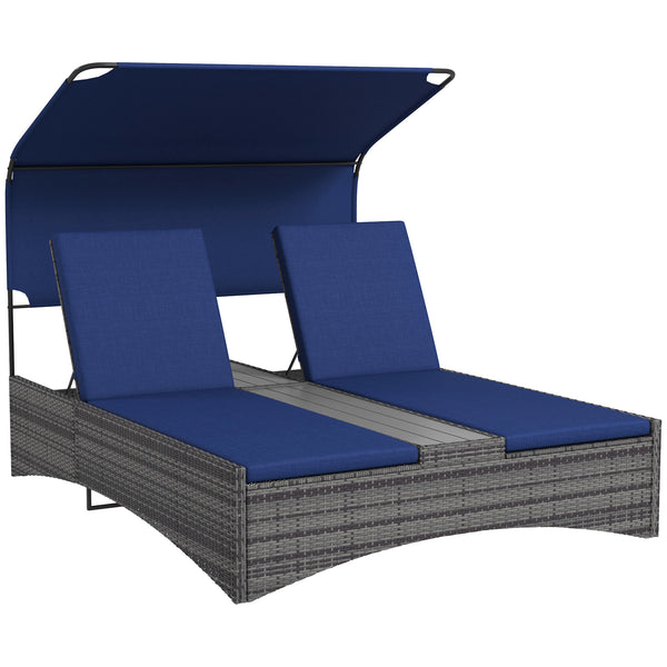 Outsunny PE Rattan Outdoor Double Chaise Lounge with Canopy, Adjustable 5-Position Reclining Daybed with Wood-Plastic Composite Top Middle Table, Dark Blue