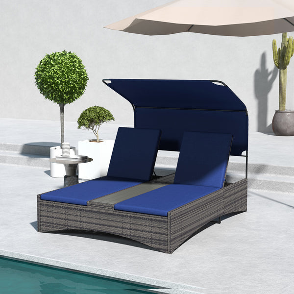 Outsunny PE Rattan Outdoor Double Chaise Lounge with Canopy, Adjustable 5-Position Reclining Daybed with Wood-Plastic Composite Top Middle Table, Dark Blue