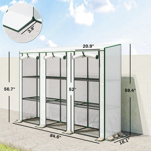 Lean-to Mini Greenhouse 84.6" x 18.1" x 56.7" with 3 Tier Shelves, Portable Garden Hot House with 3 Roll-Up Doors, PE Cover Plant Grow House for Indoor & Outdoor, White