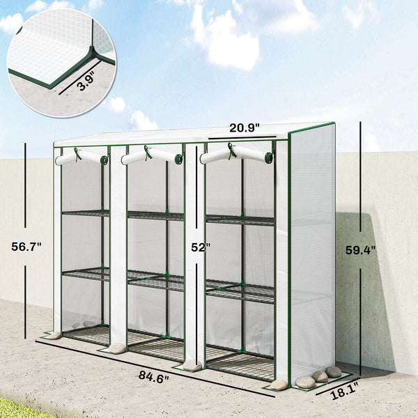 Lean-to Mini Greenhouse 84.6" x 18.1" x 56.7" with 3 Tier Shelves, Portable Garden Hot House with 3 Roll-Up Doors, PE Cover Plant Grow House for Indoor & Outdoor, White