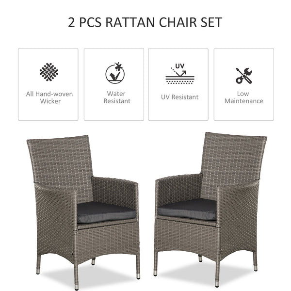 2 Pieces Outdoor PE Rattan Dining Chairs Set with Cushion, Garden Armchair with Armrests, High Backrest, Metal Frame Patio Wicker Furniture, Grey