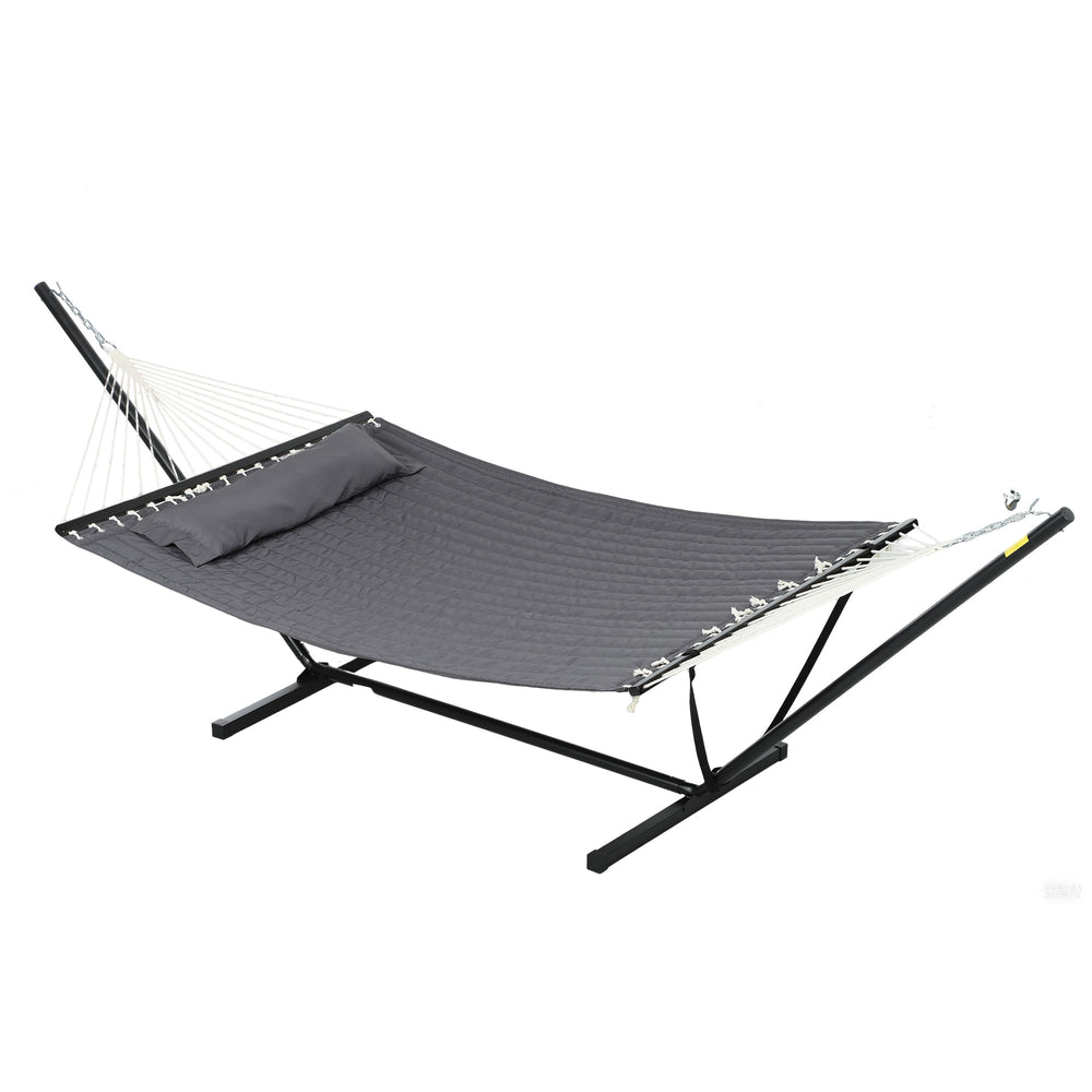 Quilted Double Hammock with Stand and Pillow, Heavy Duty 2 Person Hammock with Spreader Bars, Cotton Rope Hammock for Outdoor Camping Beach, Dark Grey