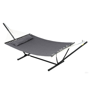 Quilted Double Hammock with Stand and Pillow, Heavy Duty 2 Person Hammock with Spreader Bars, Cotton Rope Hammock for Outdoor Camping Beach, Dark Grey