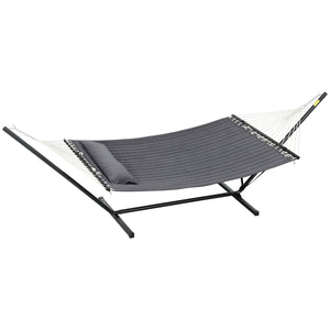 Quilted Double Hammock with Stand and Pillow, Heavy Duty 2 Person Hammock with Spreader Bars, Cotton Rope Hammock for Outdoor Camping Beach, Dark Grey