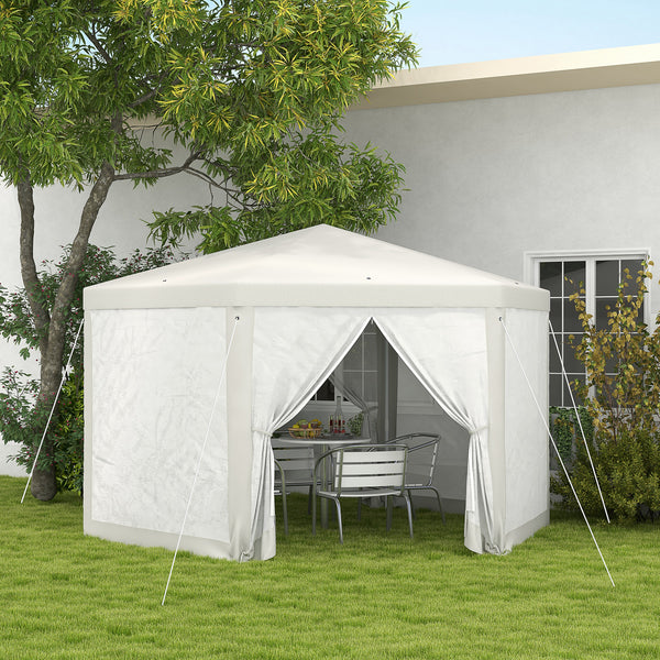 Outsunny 13' x 11' Outdoor Party Tent, Hexagon Sun Shade Shelter Canopy with Protective Mesh Screen Sidewalls, Ropes & Stakes, Cream White