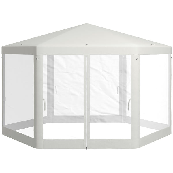 Outsunny 13' x 11' Outdoor Party Tent, Hexagon Sun Shade Shelter Canopy with Protective Mesh Screen Sidewalls, Ropes & Stakes, Cream White