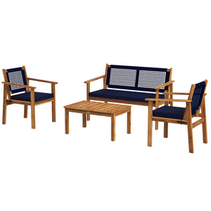 Outsunny 4 Piece Patio Conversation Set with Cushions, Acacia Wood Outdoor Furniture with Loveseat, Armchairs, Slatted Wood Top Coffee Table, Garden Sofa Set for Backyard Lawn Porch, Dark Blue