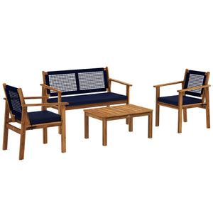 Outsunny 4 Piece Patio Conversation Set with Cushions, Acacia Wood Outdoor Furniture with Loveseat, Armchairs, Slatted Wood Top Coffee Table, Garden Sofa Set for Backyard Lawn Porch, Dark Blue